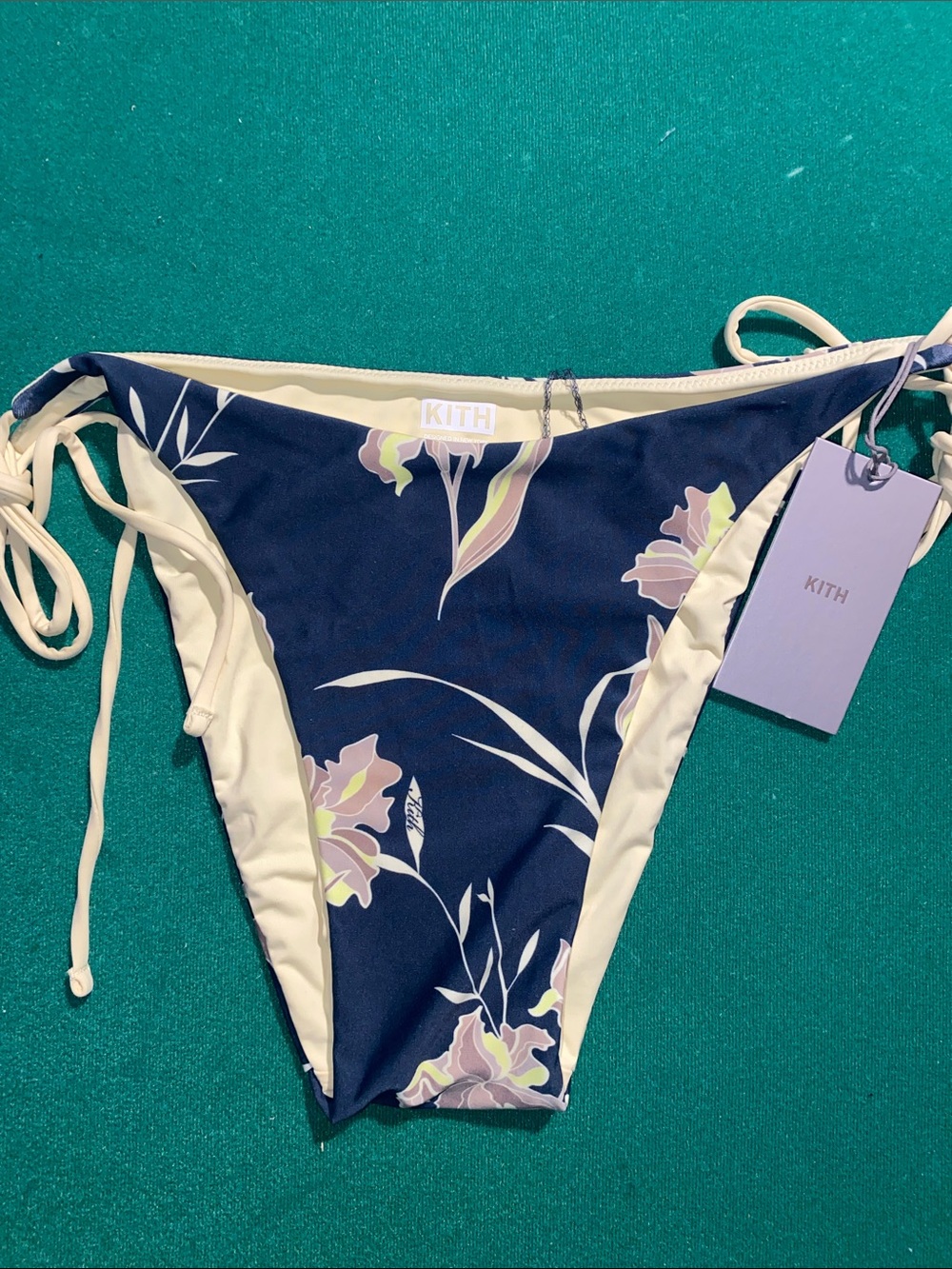 KITH Navy Floral Tie-Side Bikini Bottom with Cream Trim